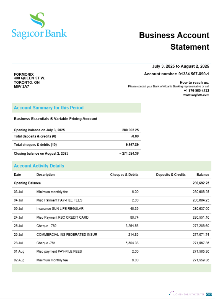 Download Sagicor Bank company checking account statement Word and PDF template Photoshop template